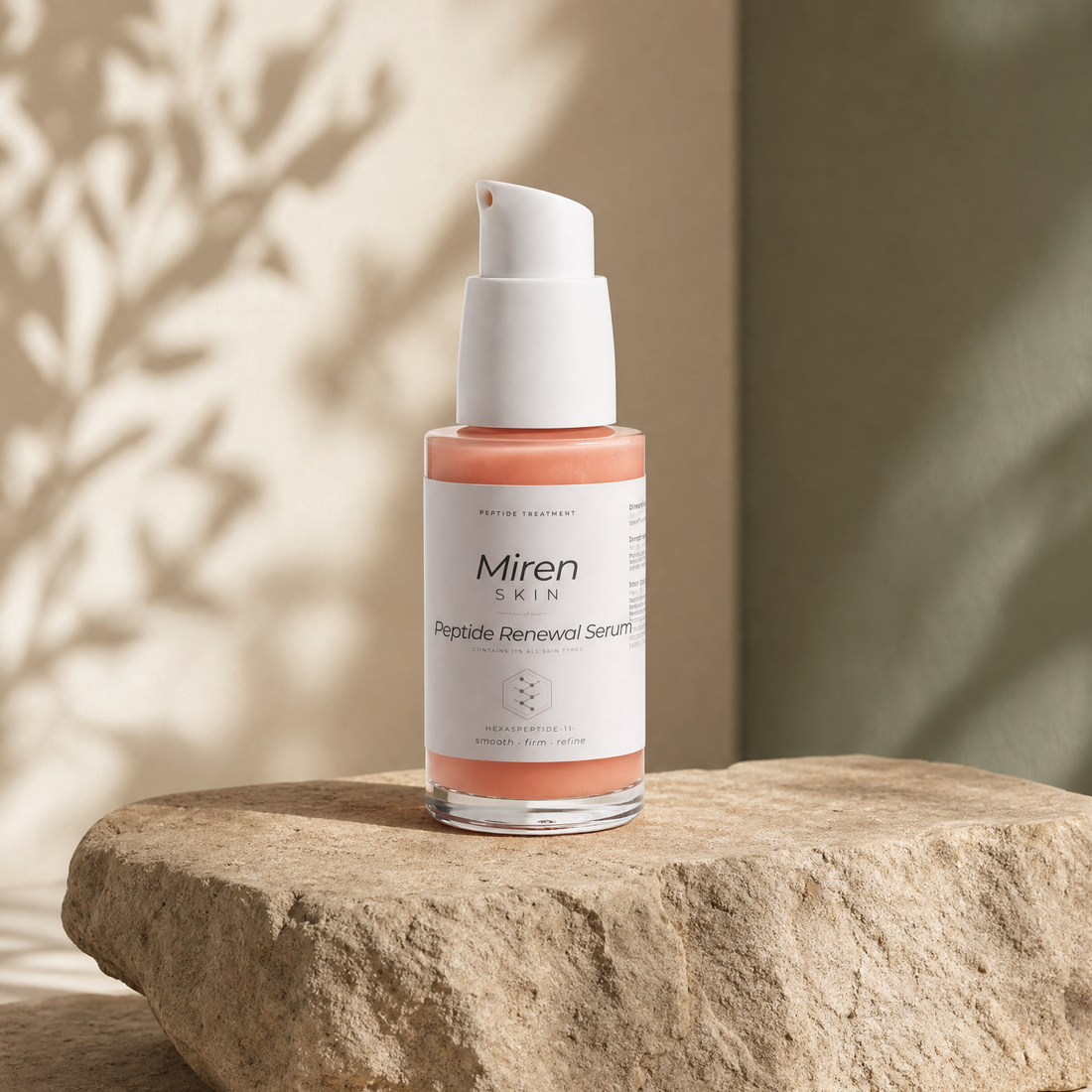 MirenSkin HexaPeptide-11 Serum with dual-weight hyaluronic acid on natural stone