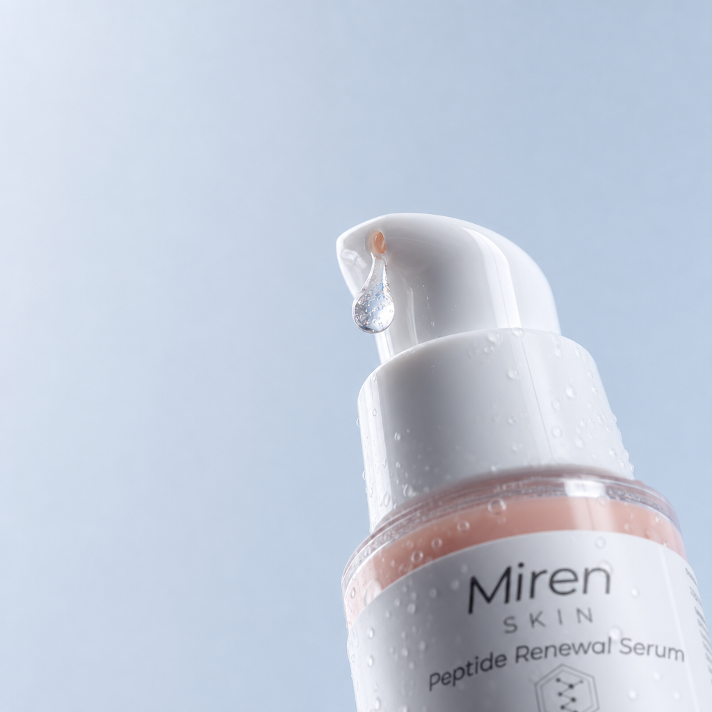 Miren Skin Peptide Renewal Serum bottle on a light blue background