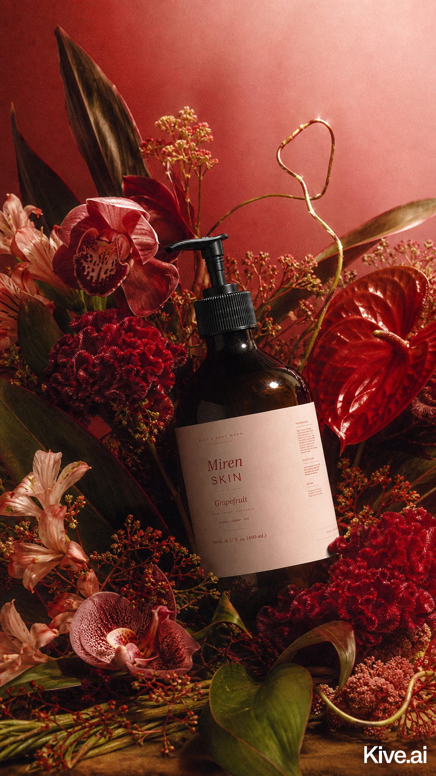Skincare bottle labeled 'Miren Skin' surrounded by vibrant flowers on a red background