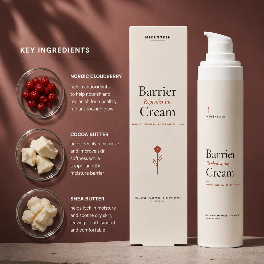 Mirenskin Barrier Replenishing Cream shown with its white box packaging and pump bottle on a stone surface, alongside key ingredients (Nordic Cloudberry, Cocoa Butter, Shea Butter) in glass bowls against a warm brown background.