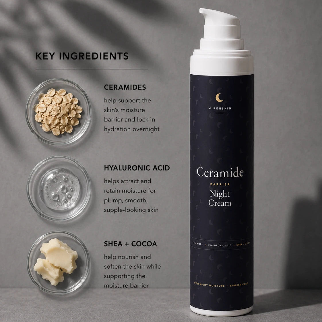 A dark navy blue pump bottle of MirenSkin Ceramide Barrier Night Cream stands on a gray surface next to three clear bowls containing oats, hyaluronic acid droplets, and shea butter, with text detailing the key ingredients.