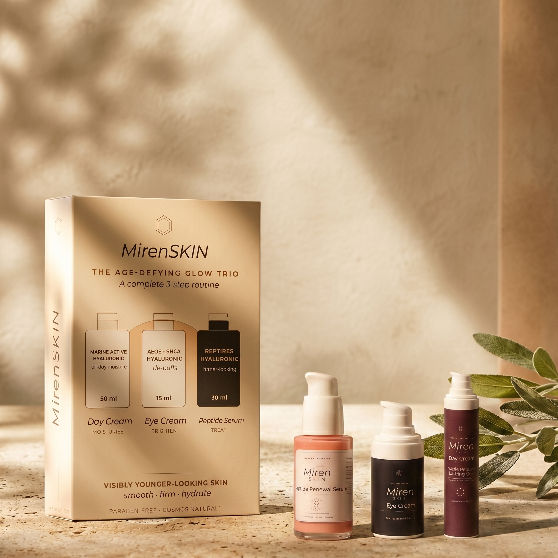 MirenSkin Age-Defying Glow Trio gift box with three products