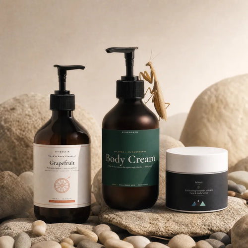 MirenSkin Body Care Ritual — hand & body wash, volcanic scrub, and body cream set