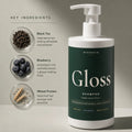 A bottle of Mirenskin Gloss Shampoo with a dark green and white label, shown next to a 'Key Ingredients' graphic detailing black tea, blueberry, and wheat protein.