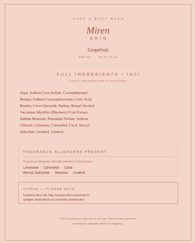 Product label for Miren Skin Grapefruit hand and body wash with ingredient list and warnings.