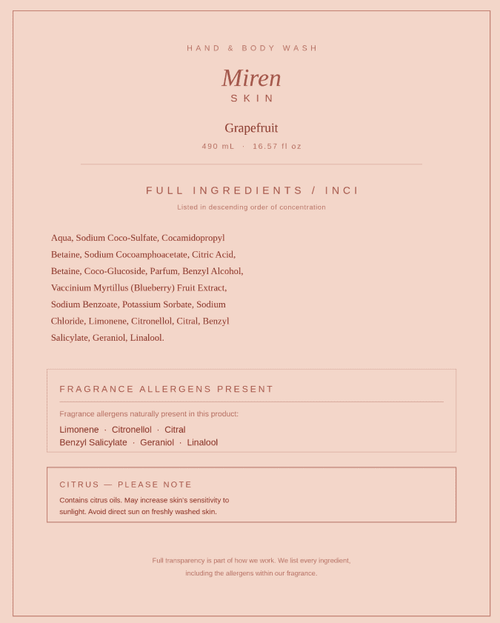 Product label for Miren Skin Grapefruit hand and body wash with ingredient list and warnings.