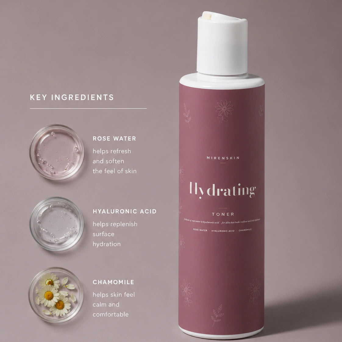Mirenskin Hydrating Toner bottle in dusty rose with a white cap, shown next to key ingredient details (rose water, hyaluronic acid, chamomile) on a matching dusty rose background.