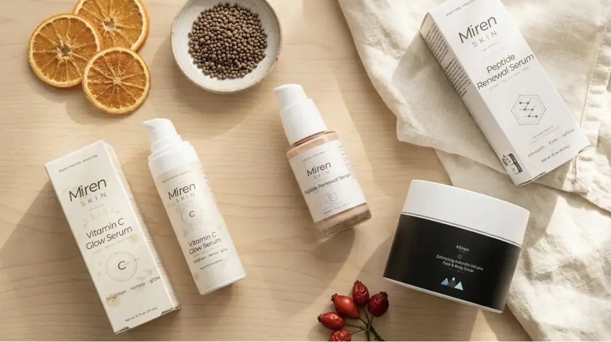 Miren skincare products on a wooden surface with dried oranges and berries.
