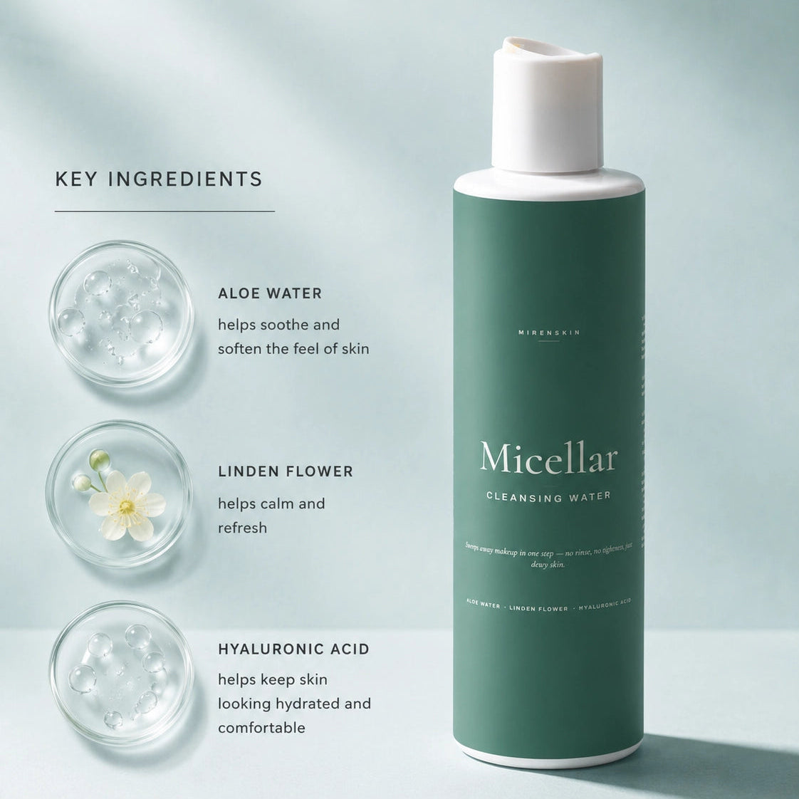 MirenSkin Micellar Cleansing Water with key ingredients