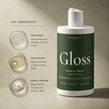 Mirenskin Gloss Conditioner bottle on a warm beige background with key ingredients listed on the left: panthenol, avocado oil, and wheat protein.