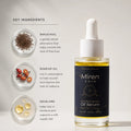 A bottle of Miren Skin Bakuchiol Rosehip Oil Serum with a white dropper cap and dark navy label, shown next to a 'Key Ingredients' graphic detailing bakuchiol, rosehip oil, and squalane.