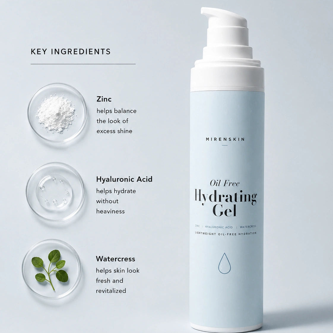 Mirenskin Oil Free Hydrating Gel pump bottle in a pale icy blue and white color scheme, shown next to key ingredient callouts on a light gray background.