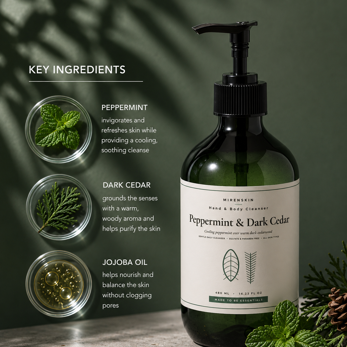 MirenSkin Peppermint & Dark Cedar Hand & Body Cleanser with key ingredients