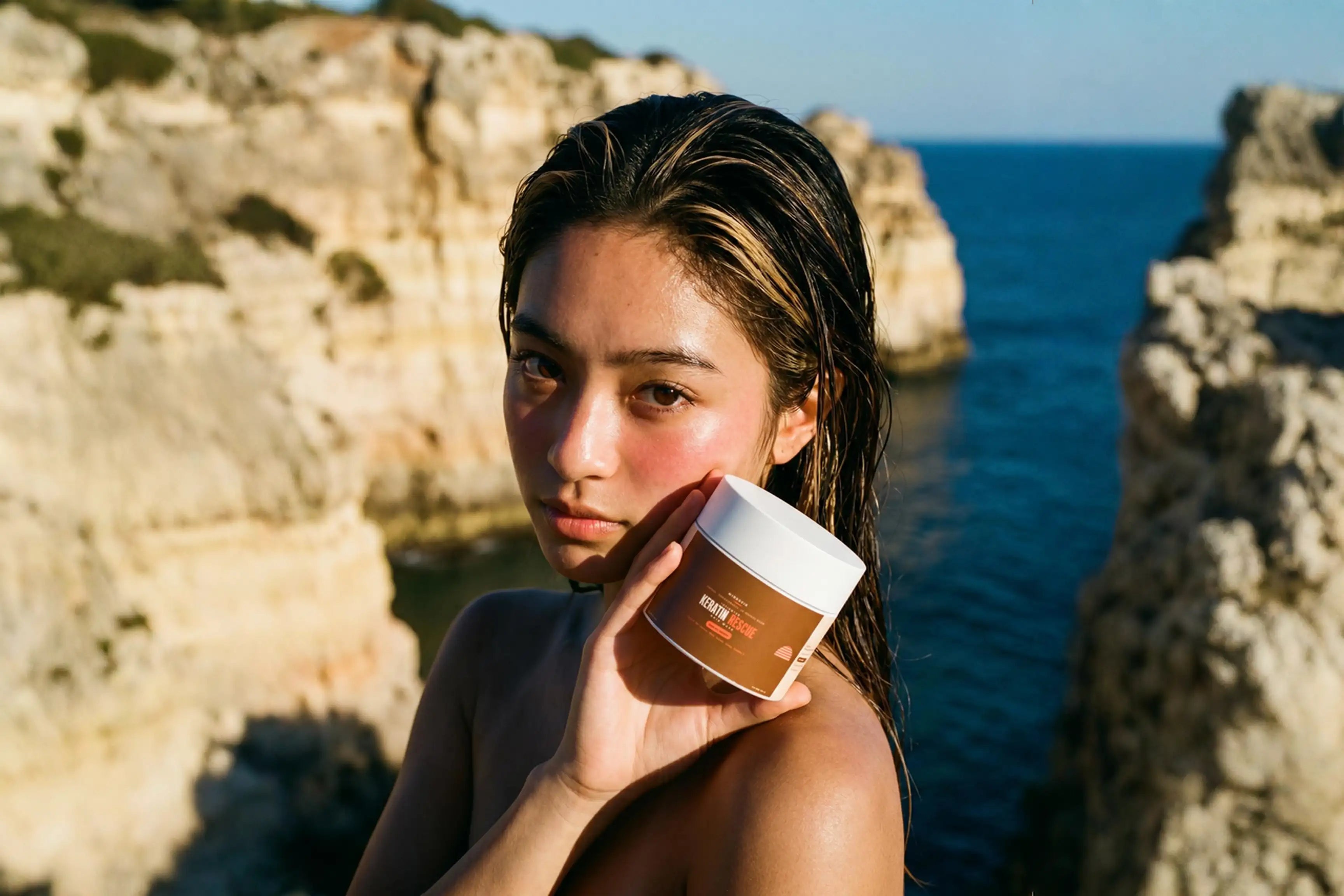 A girl holding MirenSkin Keratine mask at the beach