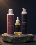 MirenSkin Gentle Retinol-Alternative Routine set: Hydrating Toner, Bakuchiol Night Serum, and Ceramide Barrier Night Cream on natural stone