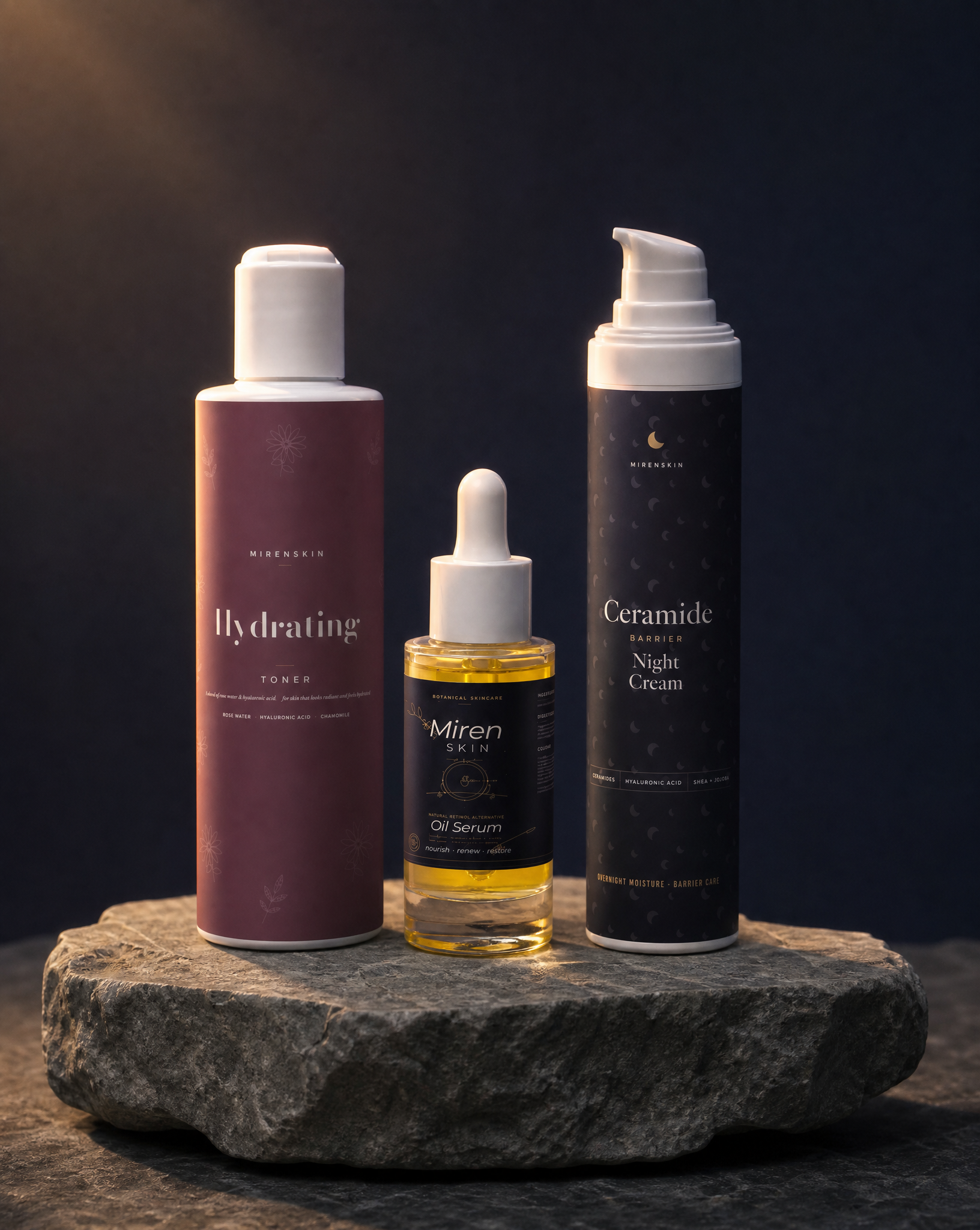 MirenSkin Gentle Retinol-Alternative Routine set: Hydrating Toner, Bakuchiol Night Serum, and Ceramide Barrier Night Cream on natural stone