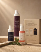 MirenSkin Age-Defying Glow Trio — day cream, eye cream, and peptide serum on travertine