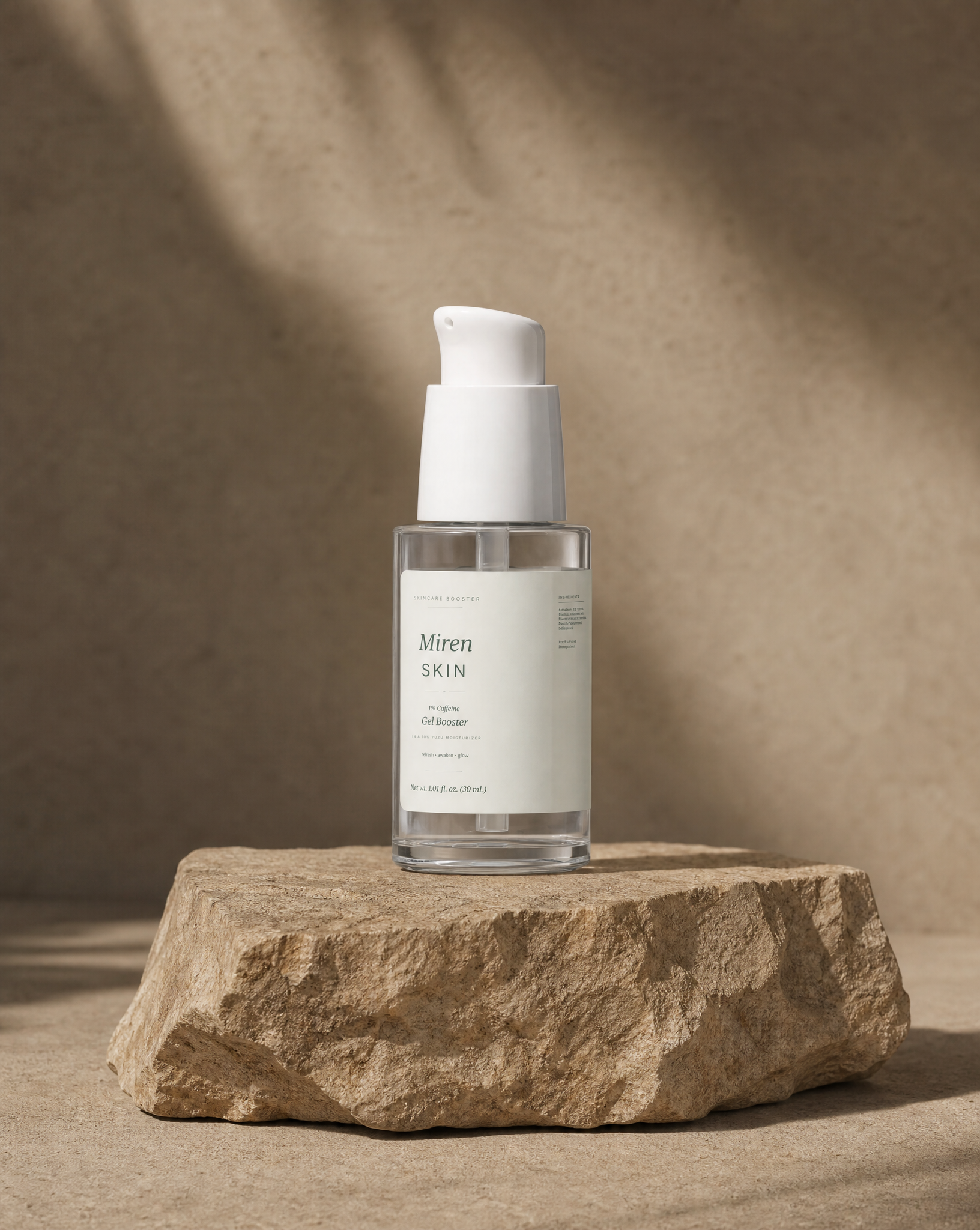 MirenSkin 1% Caffeine Gel Booster on natural stone