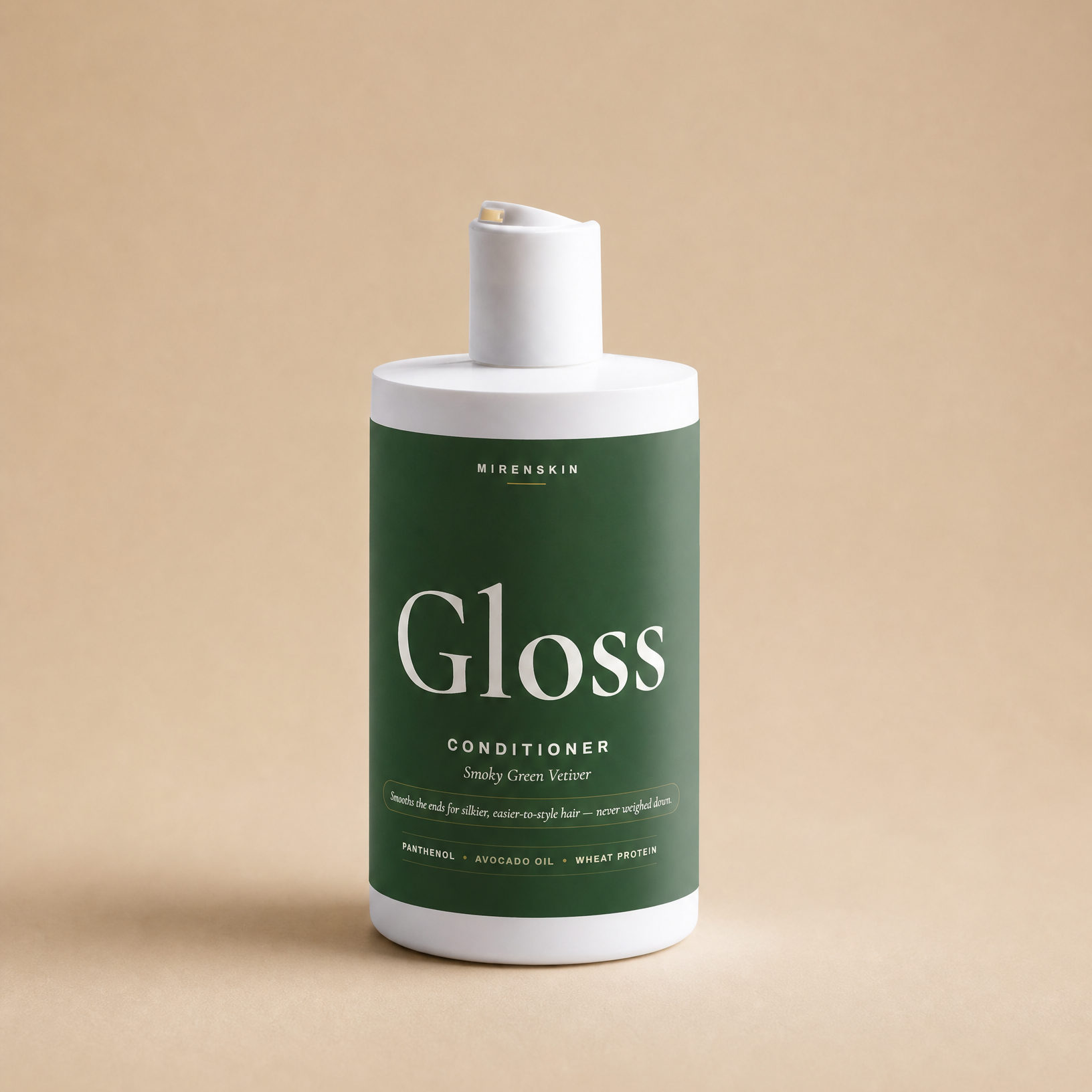 MirenSkin Gloss Conditioner in Smoky Green Vetiver — smoothing conditioner bottle