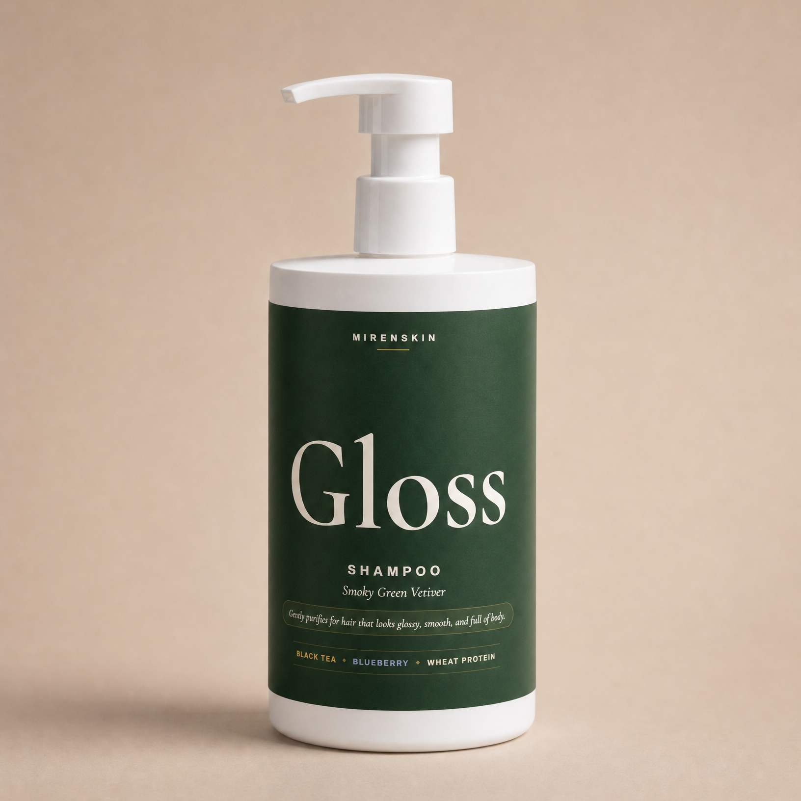 MirenSkin Gloss Shampoo in Smoky Green Vetiver — glossing shampoo bottle