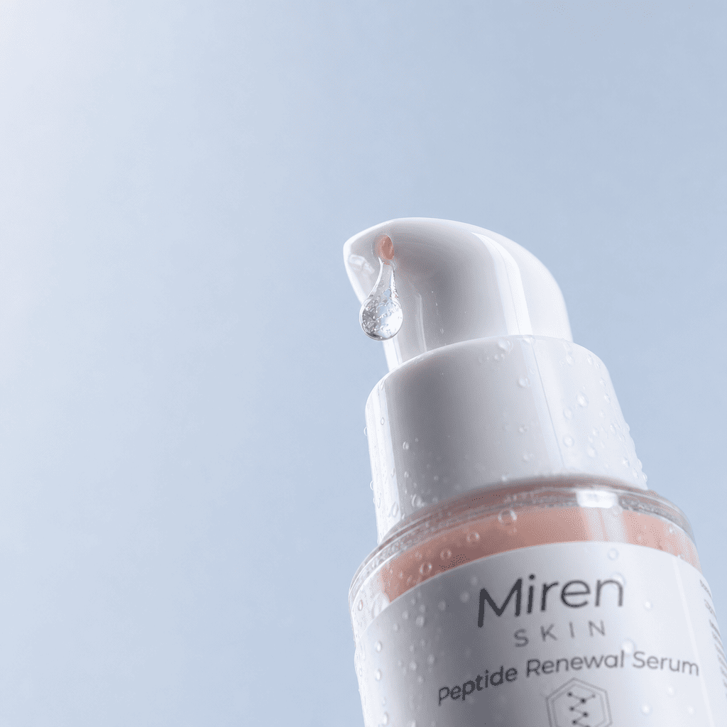 MirenSkin Hexapeptide-11 Serum bottle on a light blue background