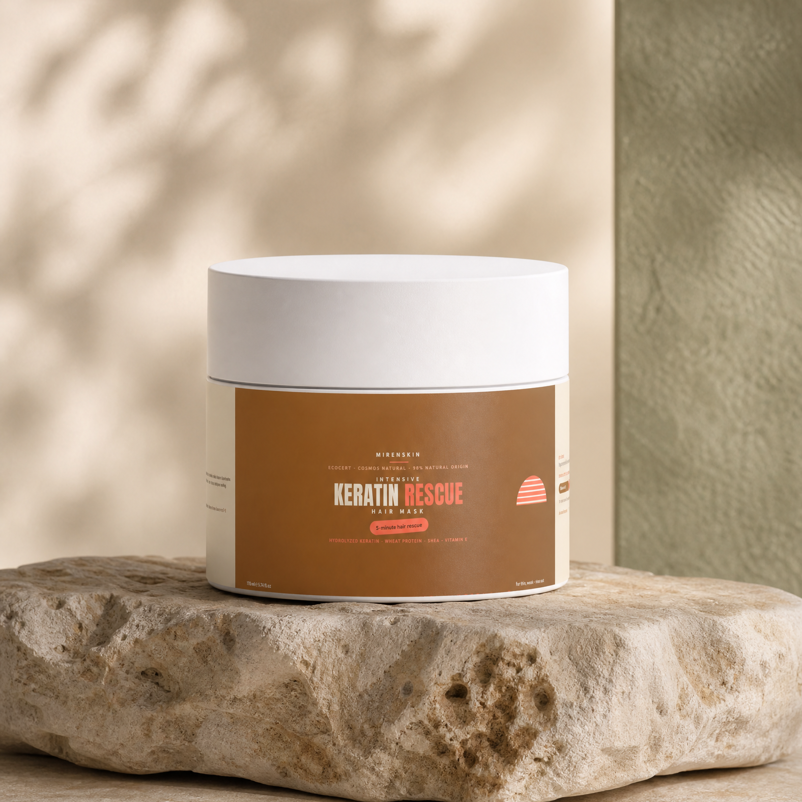 MirenSkin Keratin Intensive Rescue Hair Mask on natural stone