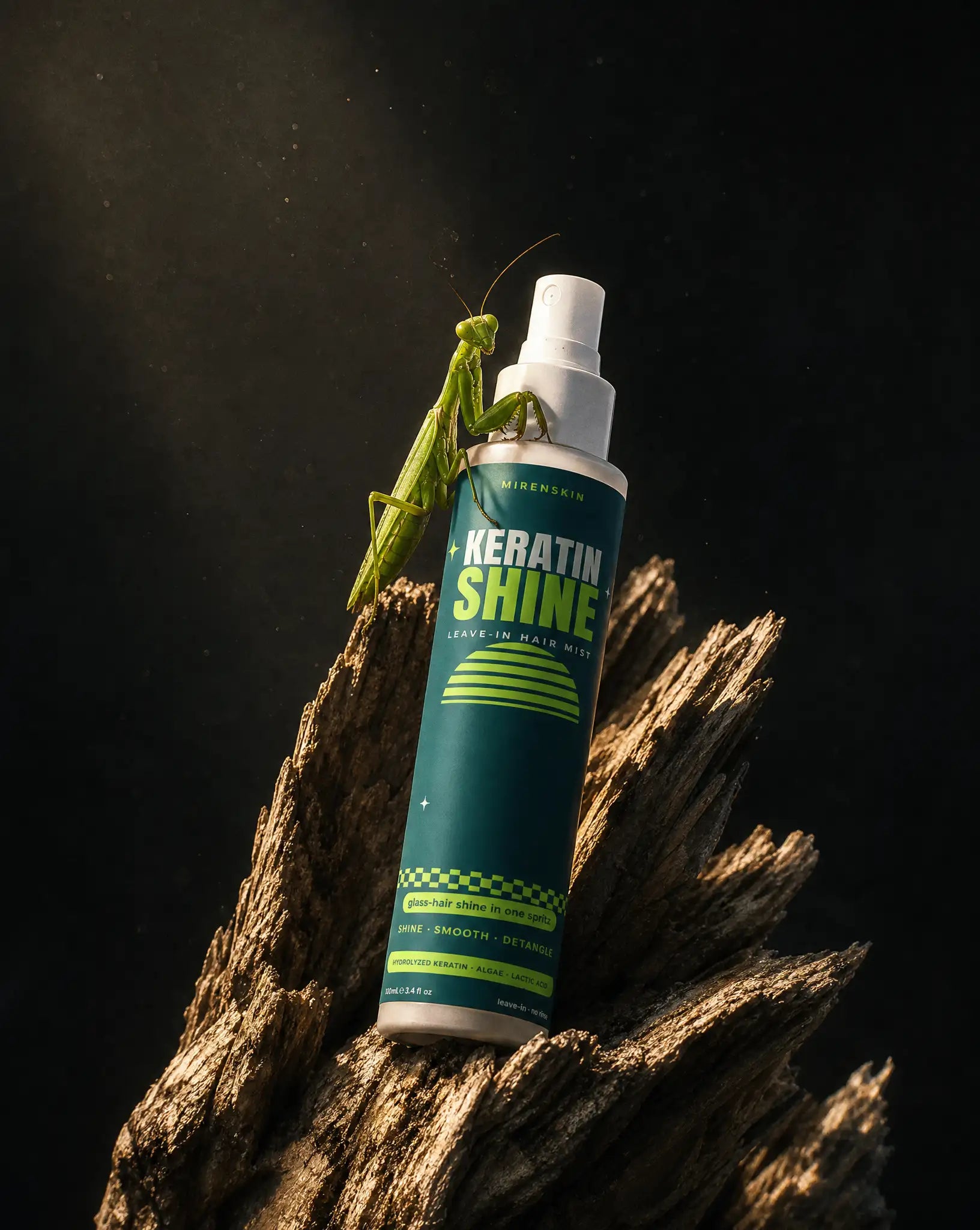 MirenSkin Keratin Shine Leave-In Hair Mist with a green mantis on the bottle