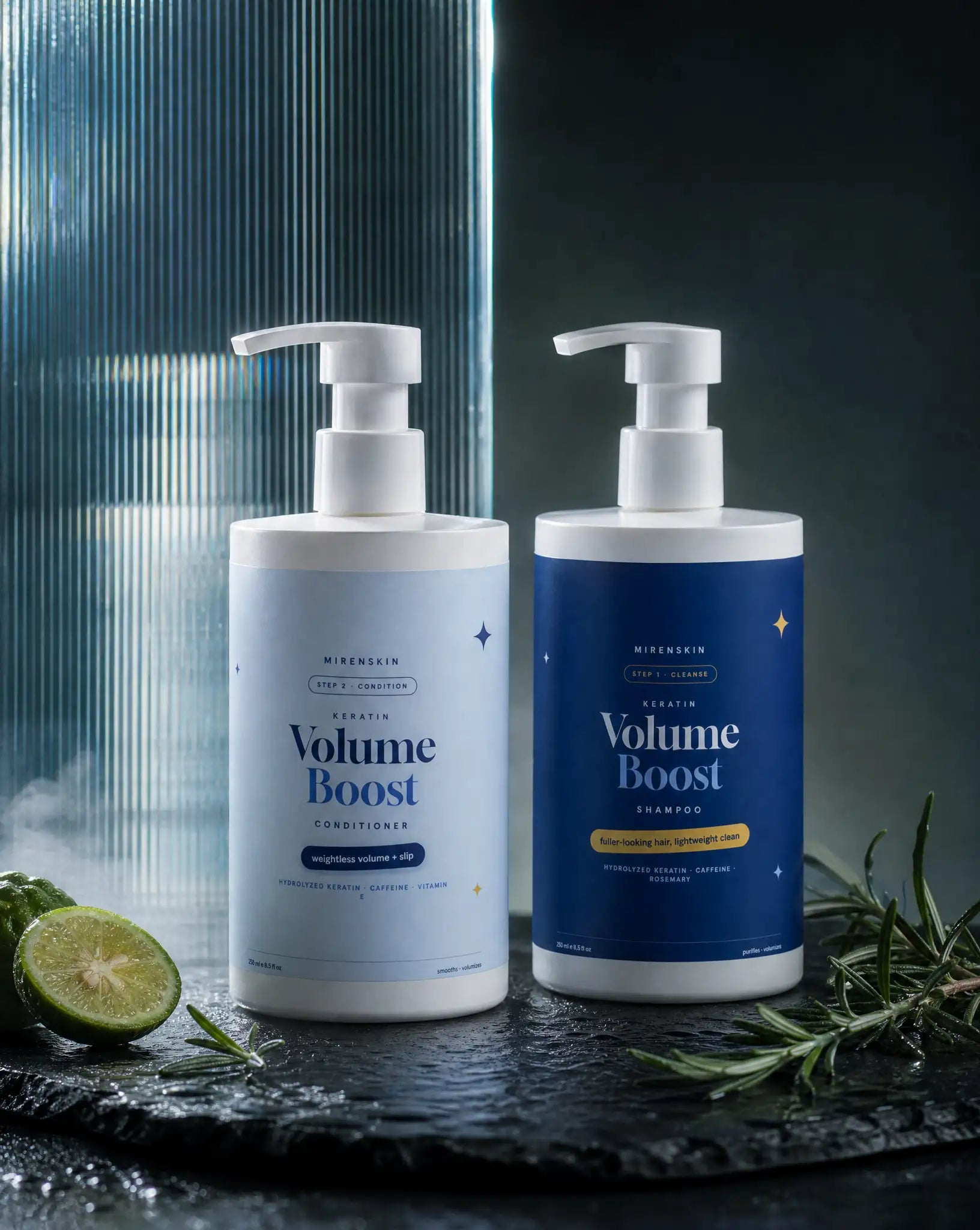 MirenSkin Keratin Volume Boost Duo — shampoo and conditioner set on wet slate