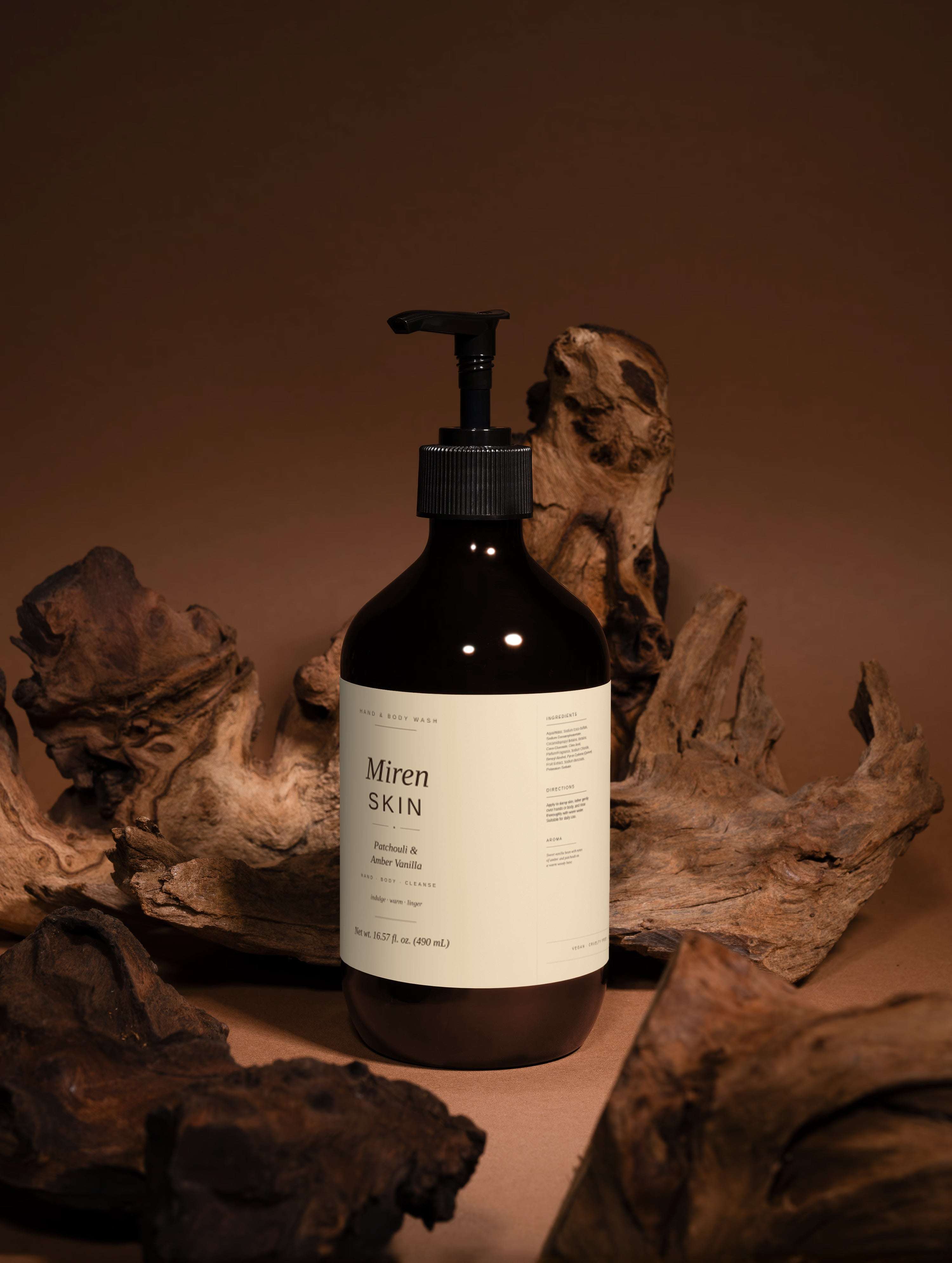MirenSkin Patchouli & Amber Vanilla Hand & Body Wash — coconut-derived cleanser