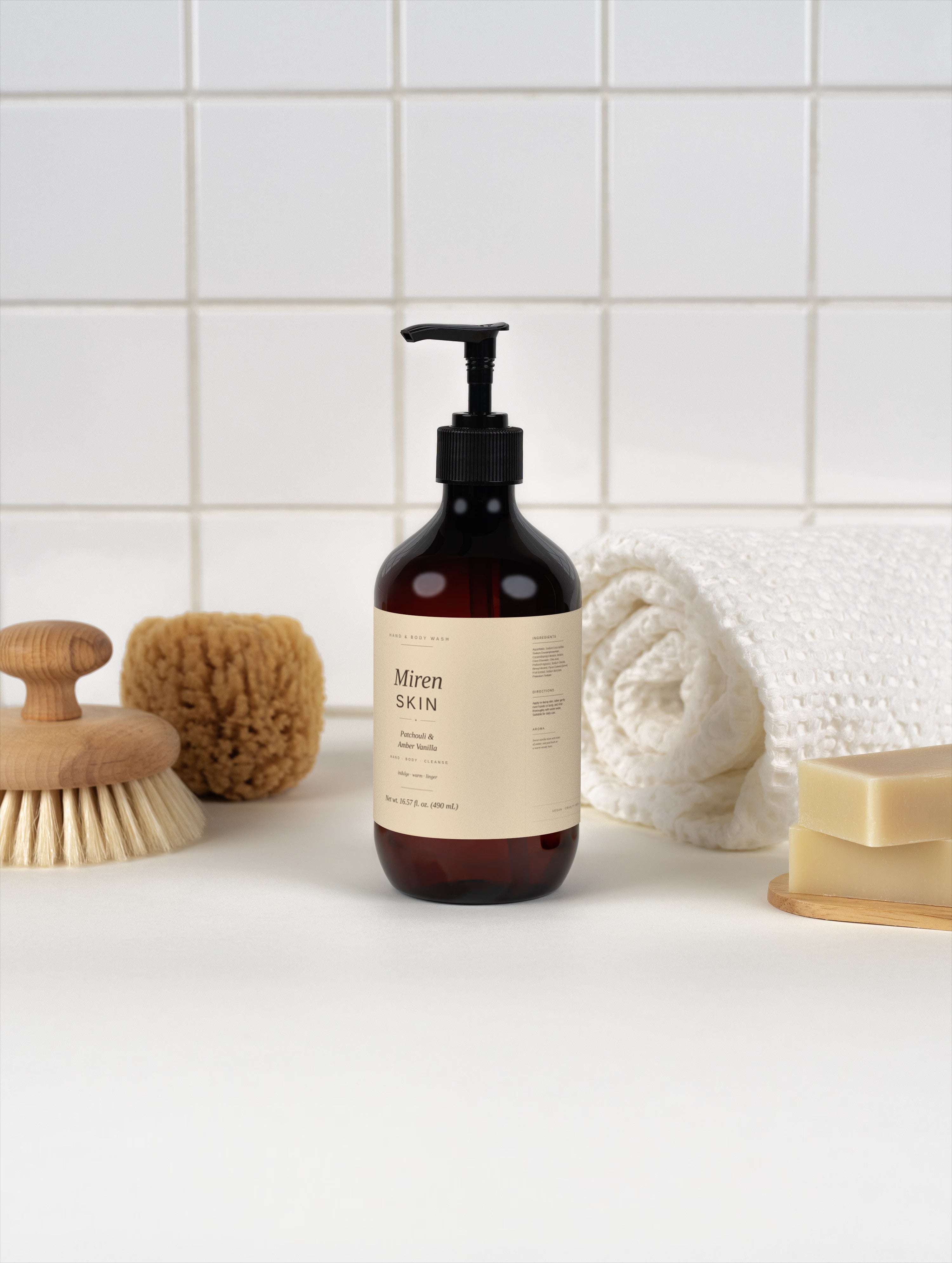 MirenSkin Patchouli & Amber Vanilla wash — daily hand and body cleanser