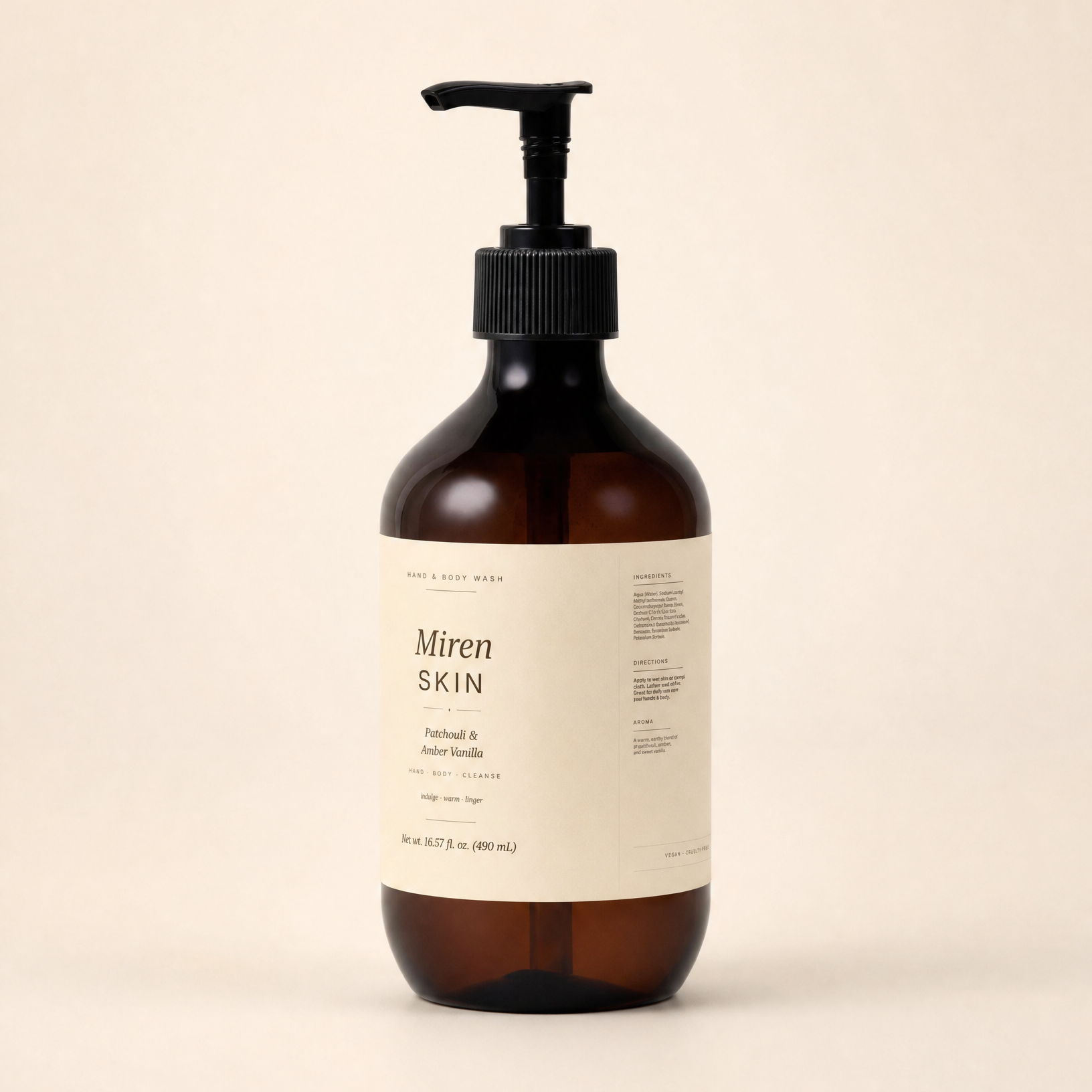 MirenSkin Patchouli & Amber Vanilla Hand & Body Cleanser — warm botanical body wash