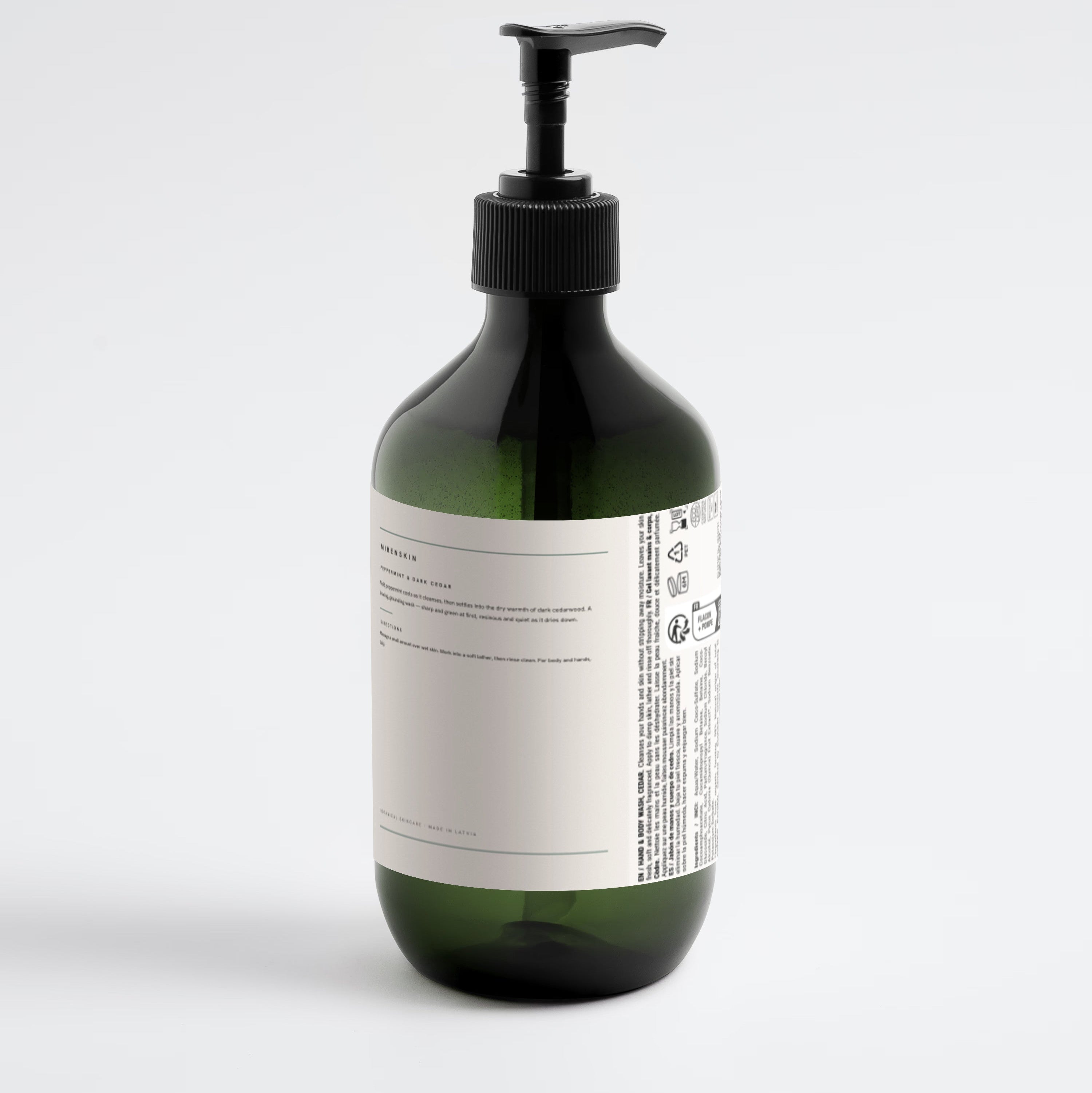 MirenSkin Peppermint & Dark Cedar Hand & Body Cleanser — green bottle
